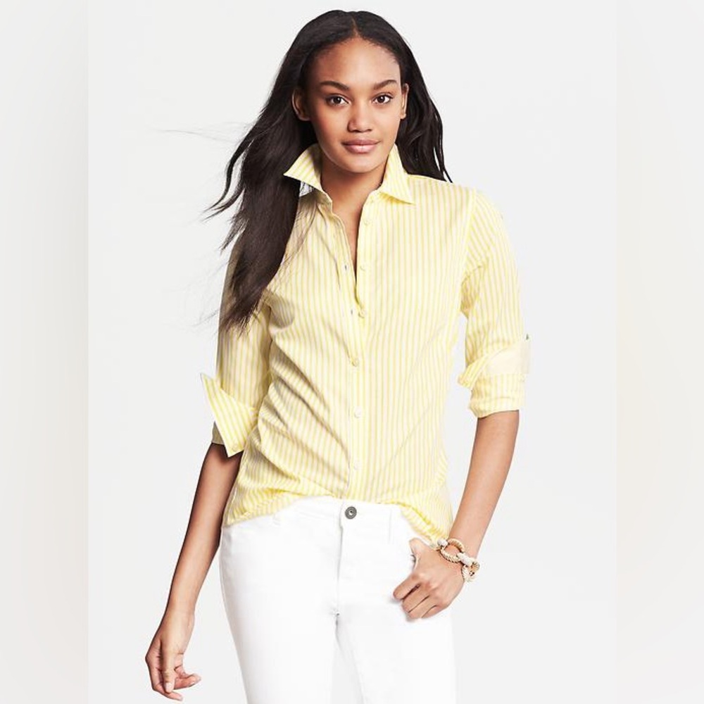 Banana Republic- Women's Yellow White‎ Striped Cotton Button Down Size XXS